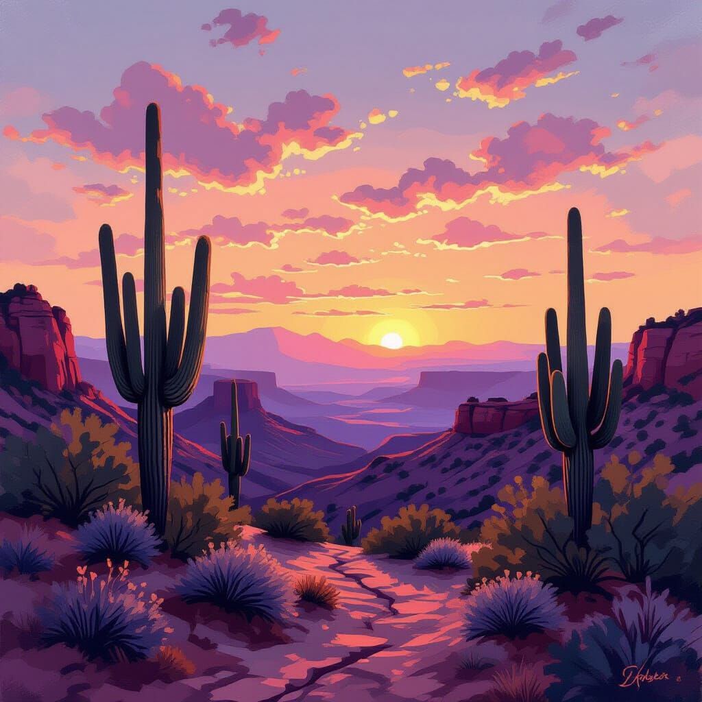 Rose-Gold Desert Canyon in Neo-Impressionist Style