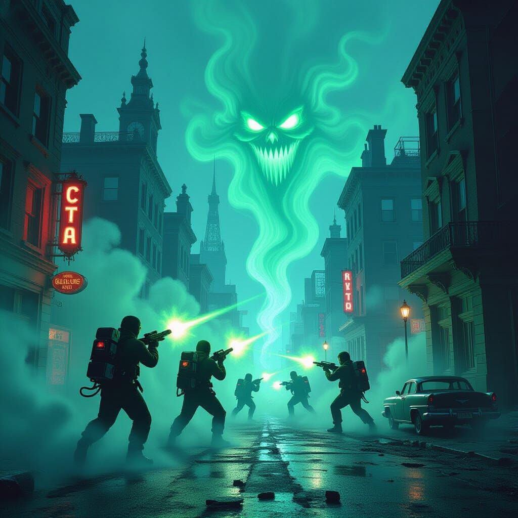 Ghost Busters in Haunted Cityscape Digital Matte Painting