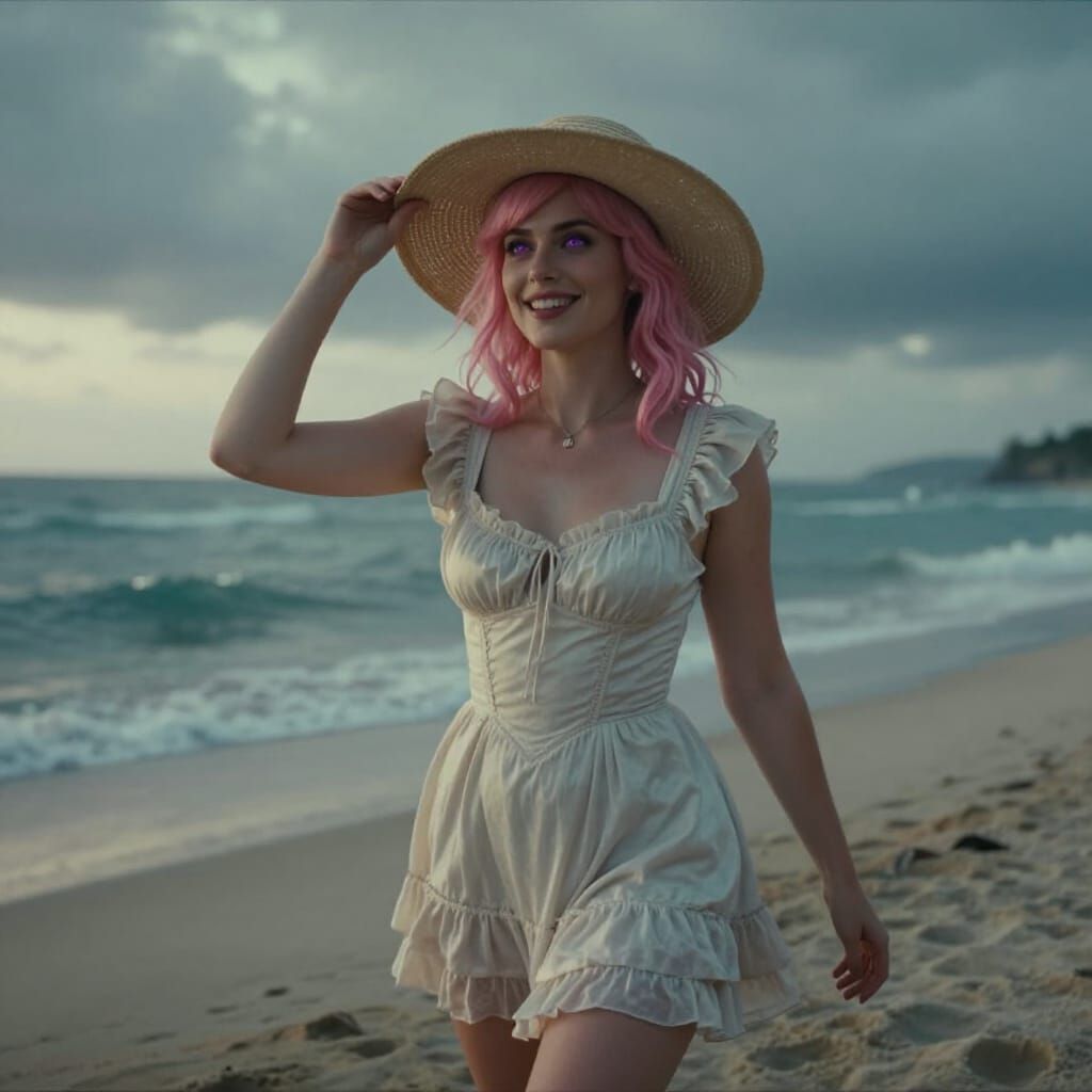 Woman in Summer Dress on Beach Holding Hat