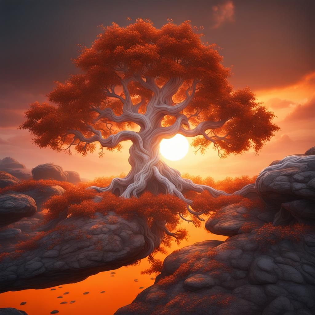 Orange Sunset Illuminates Solitary White Tree