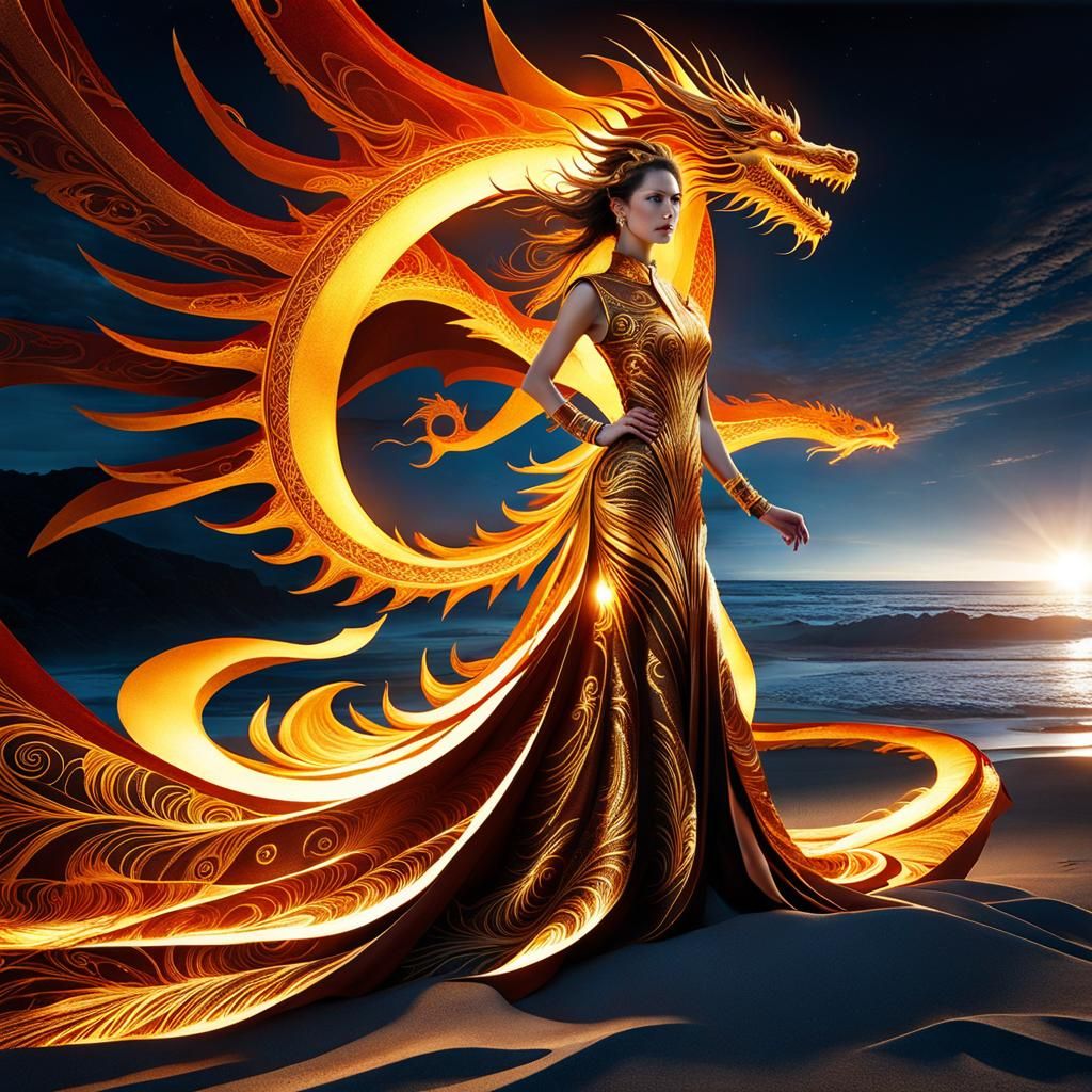 Golden Fractal Dragon Dress on Sunny Beach