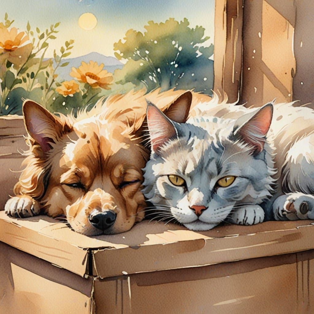 Watercolor Dog and Cat Sleeping in Box