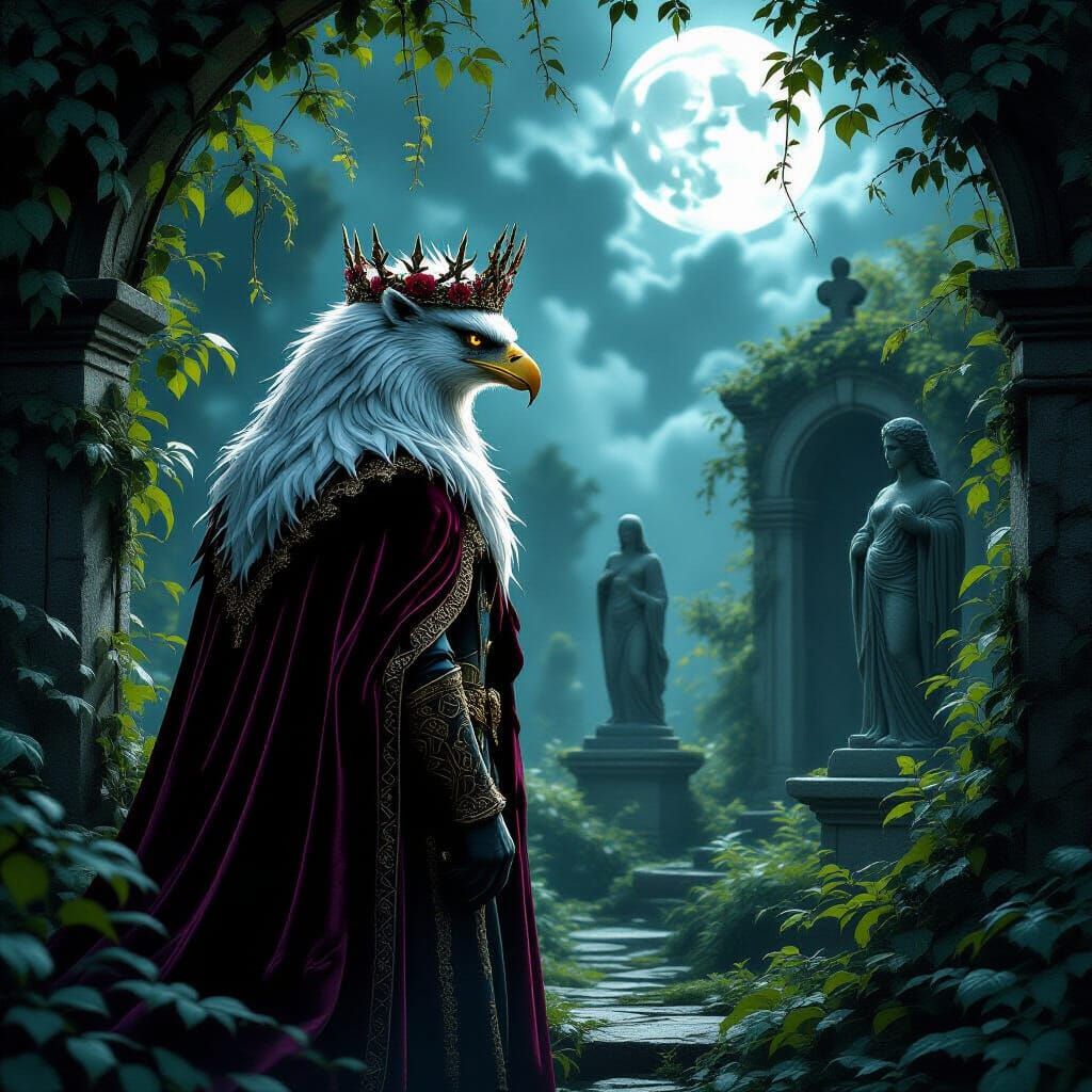 Majestic Griffin Guarding Moonlit Magical Garden