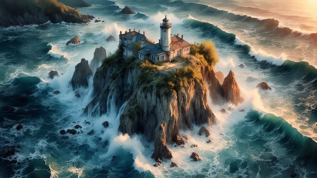 Lighthouse on Cliff Braving Salty Wind in Surreal Light