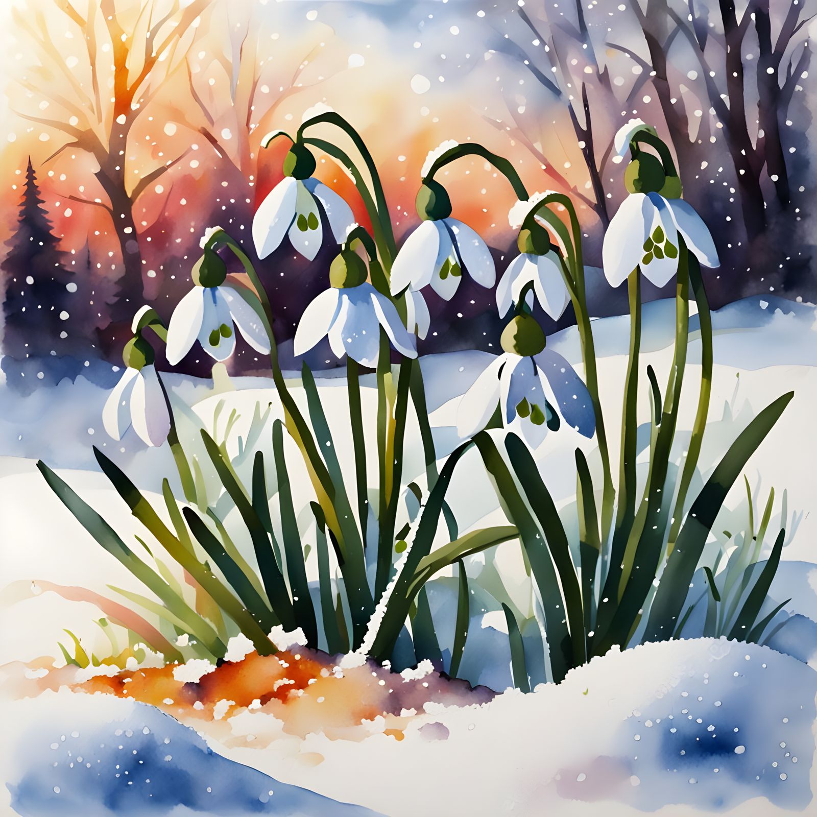 Snowdrops Piercing Snow at Sunset: Watercolor Art