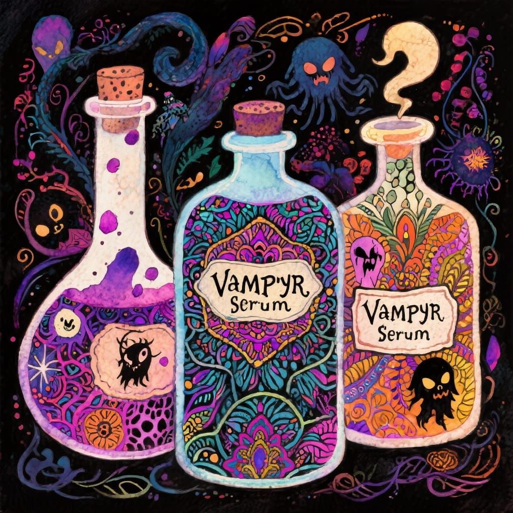 Intricately detailed alcohol ink illustration, Potions with ...