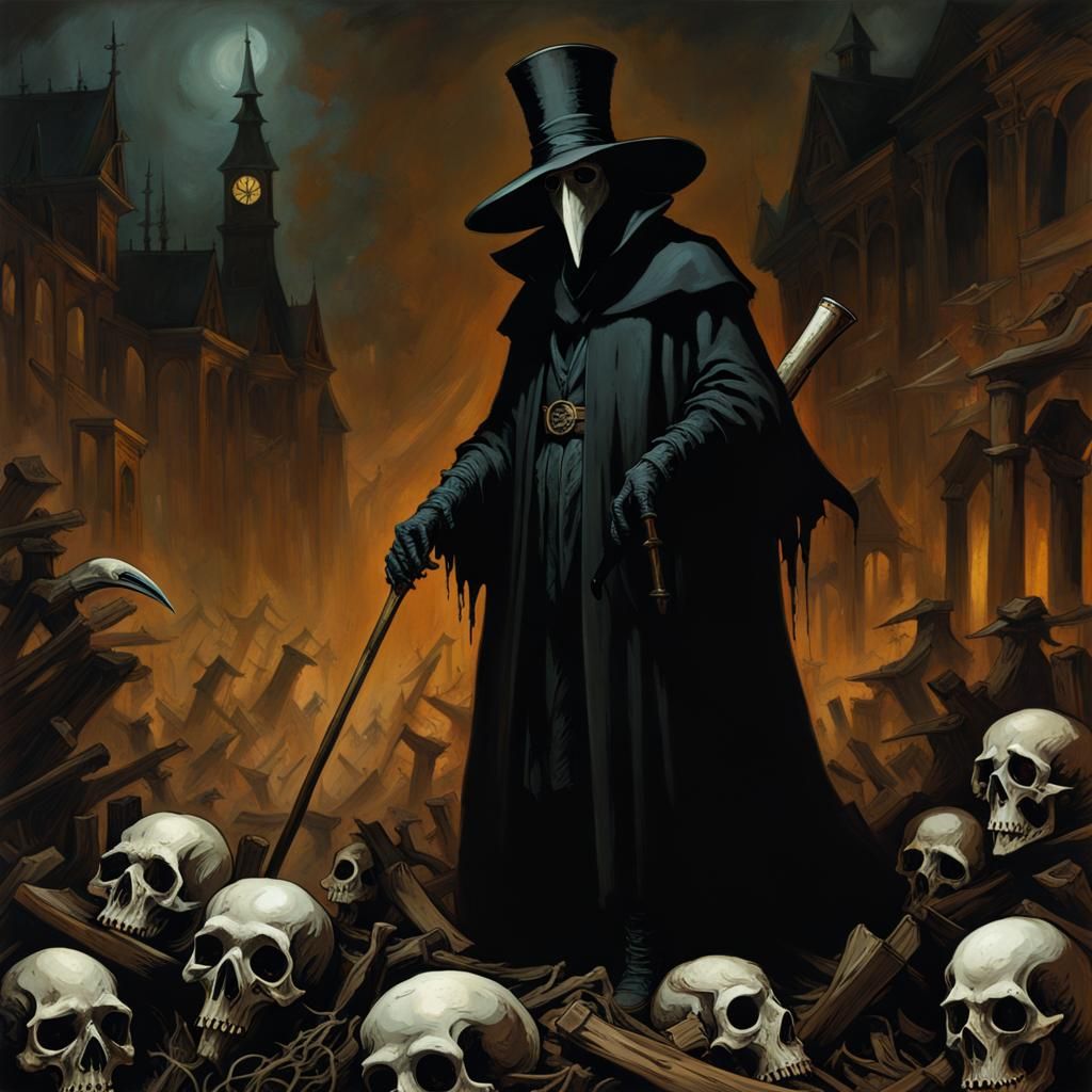 Plague Doctor Amidst Bones, Horror Style