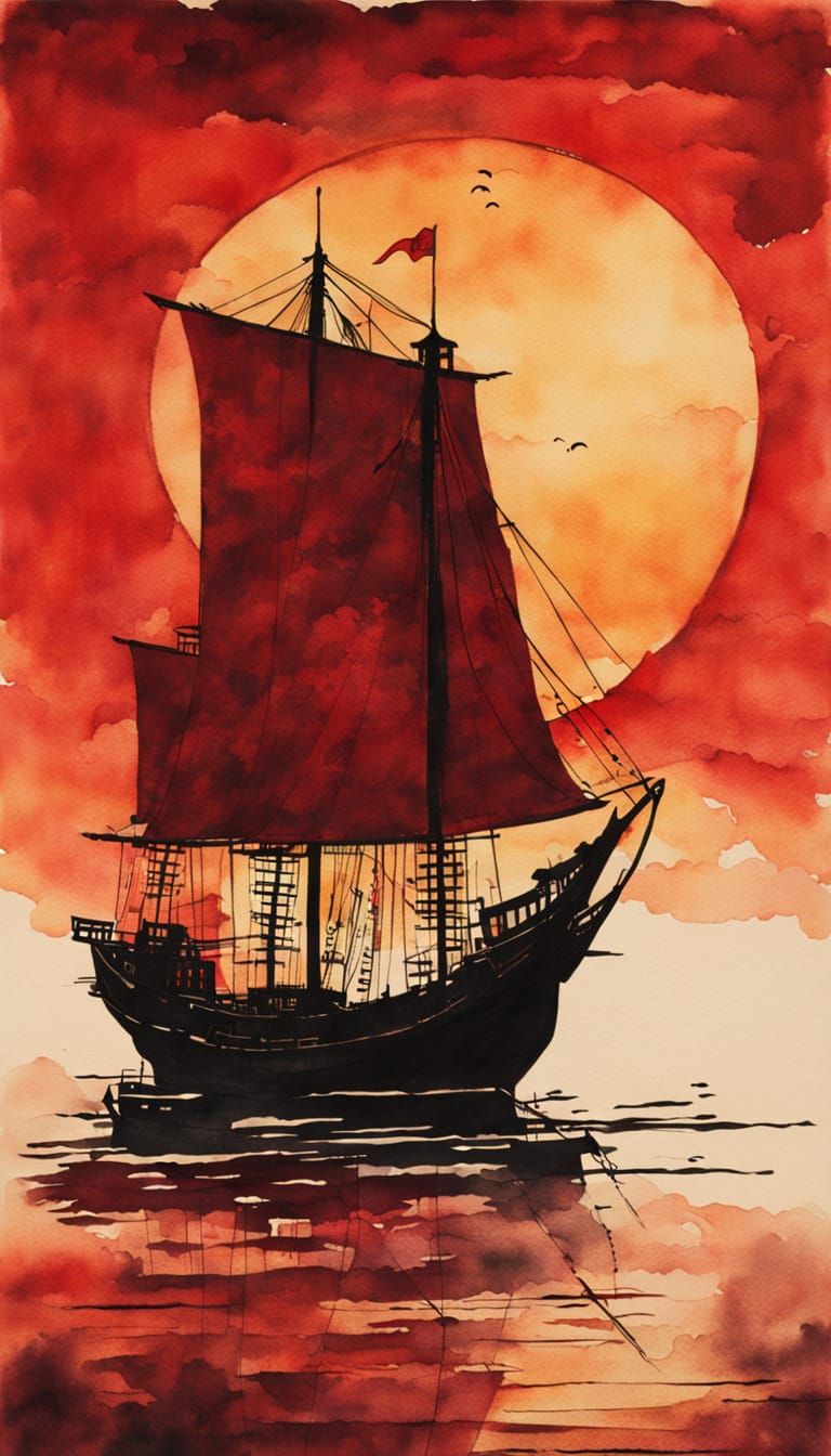 Vibrant Chinese Junk Silhouette Against Sunset