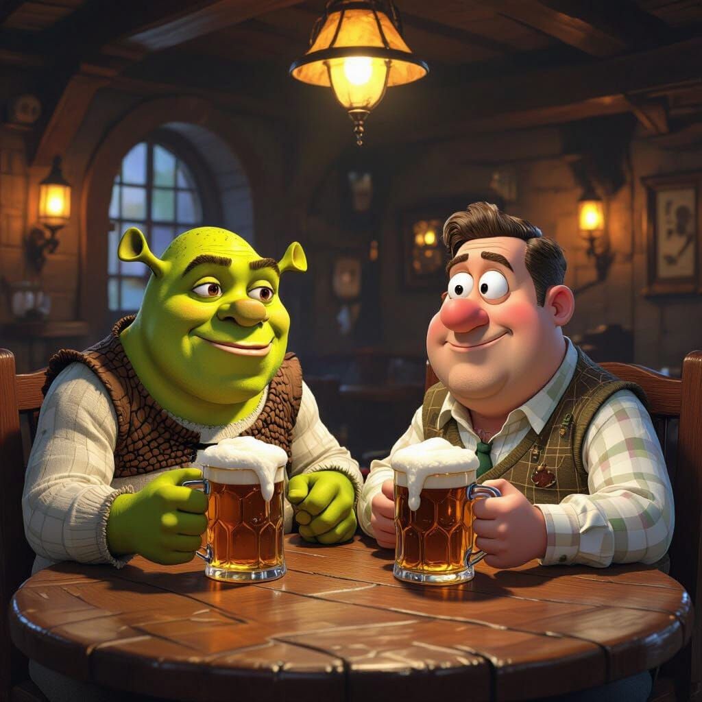 Shrek and Peter Griffin at a Pub, Whimsical Art