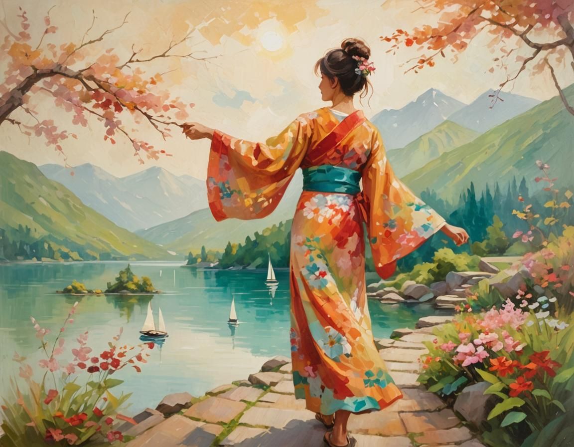 Tranquil Lakeside Scene as Impressionist Oil Painting