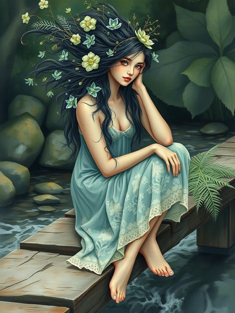 Mystical Woman with Bioluminescent Hair on Wooden Bridge