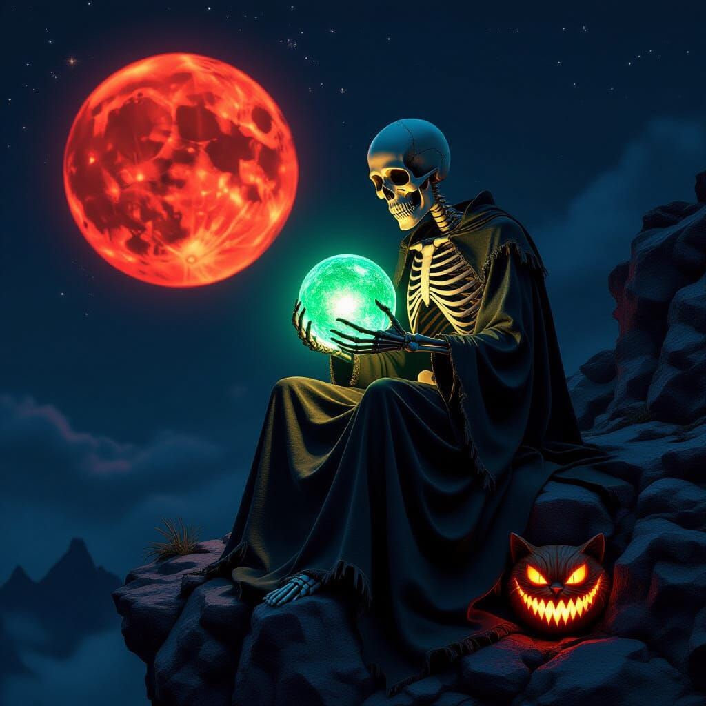 Skeleton Mage with Glowing Orb Under Blood Moon