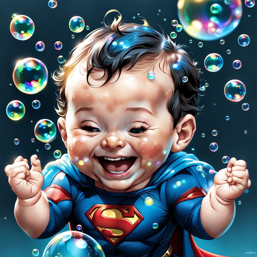 Laughing Superman Baby Surrounded by Bubbles