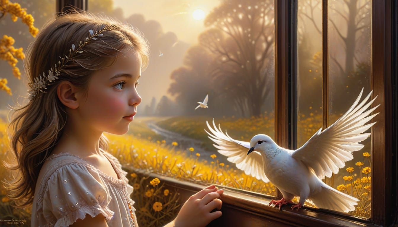 Ethereal Child and Dove on Train, Hyperdetailed Oil Painting