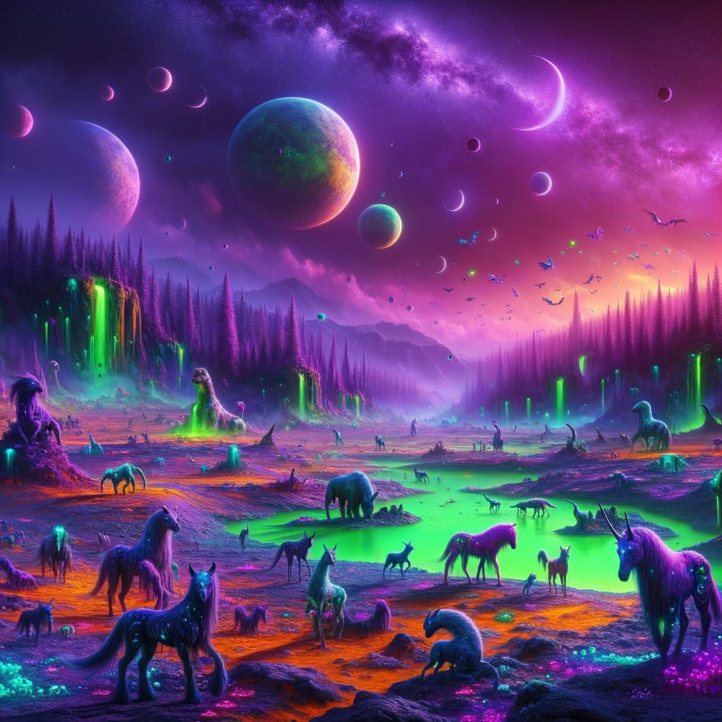 Surreal Alien Landscape with Purple Terrain and Mystic Beast...
