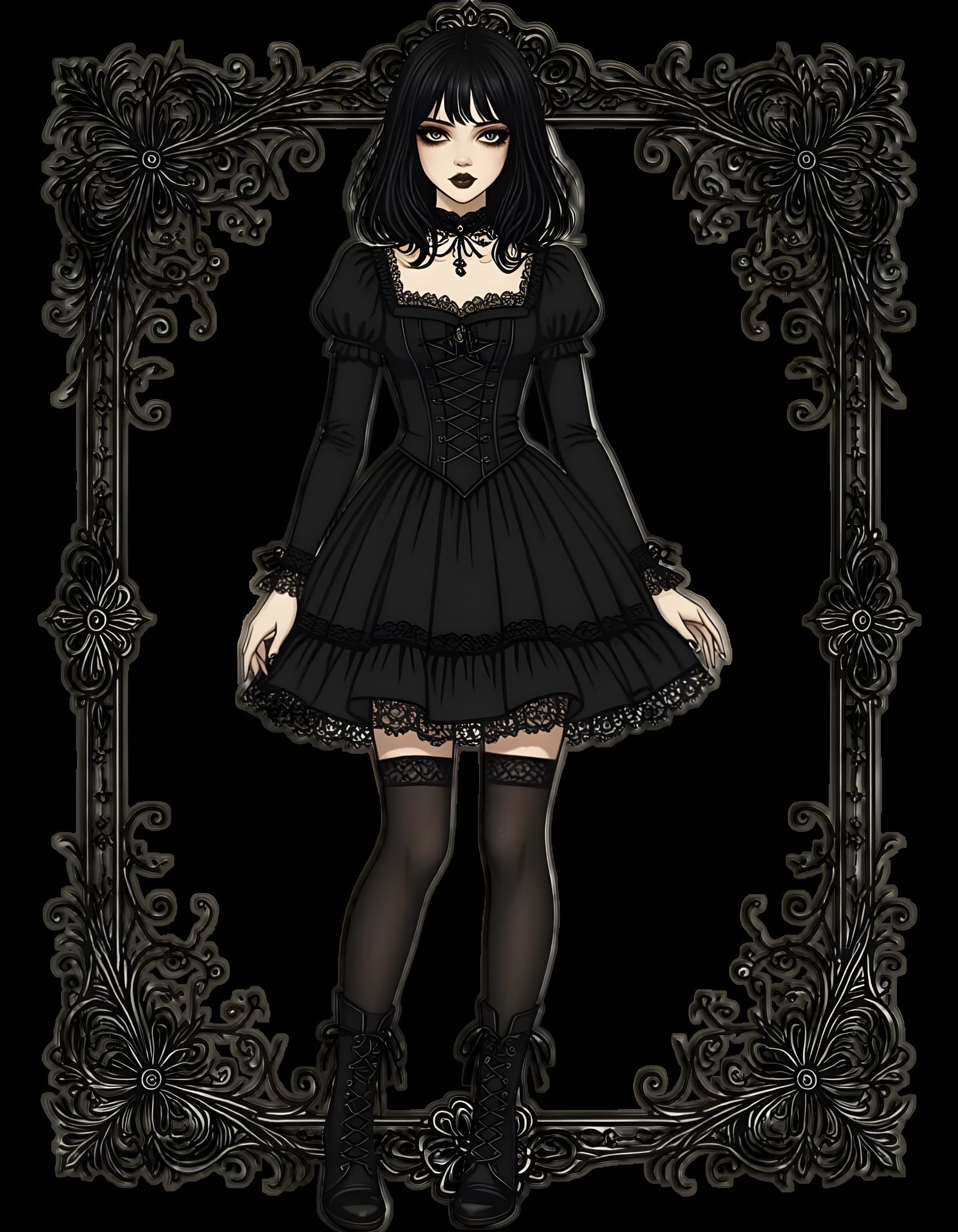 Gothic Girl in Black Dress and Boots