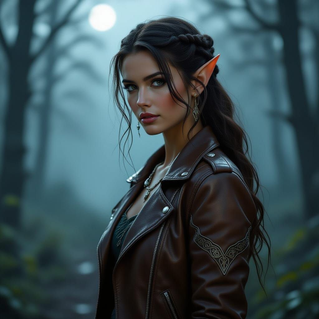 Elf Woman in Leather Jacket in Misty Forest