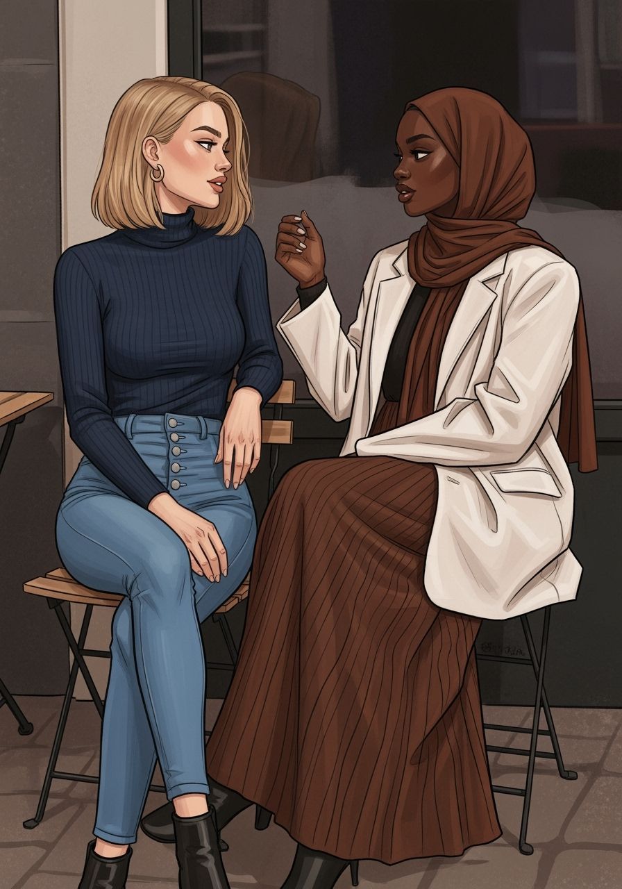 Modern Cafe Scene with Two Women, Painterly Style