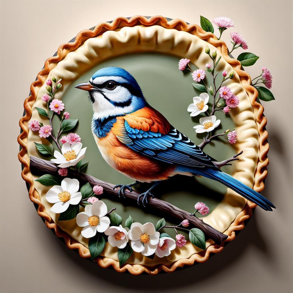 Detailed Pie Art of Bird on Branch