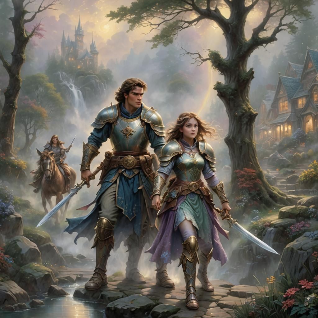 Ethereal Sibling Warriors in Misty Landscape