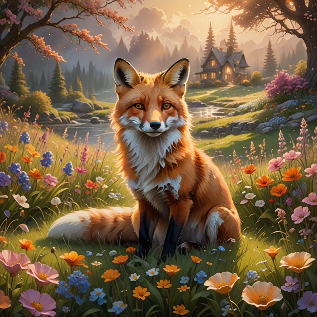 Whimsical Fox in a Sunlit Meadow