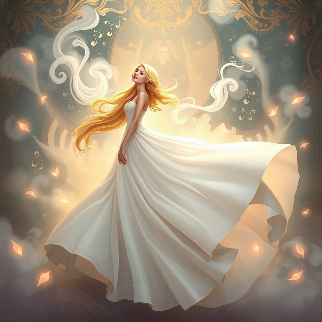 Dreamlike Woman in White Gown: 2D Cartoon Art