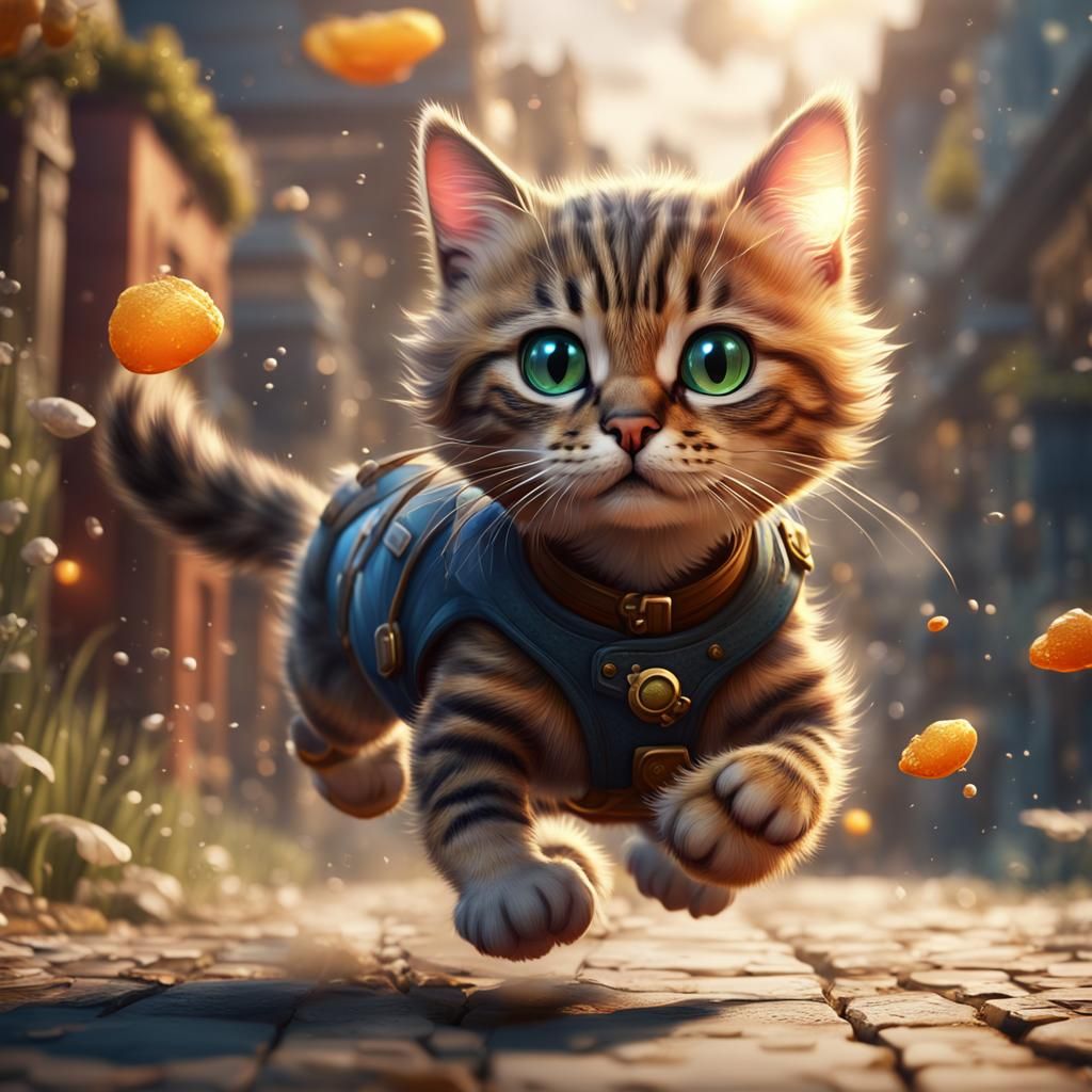Cute Cat Running: Detailed Matte Painting