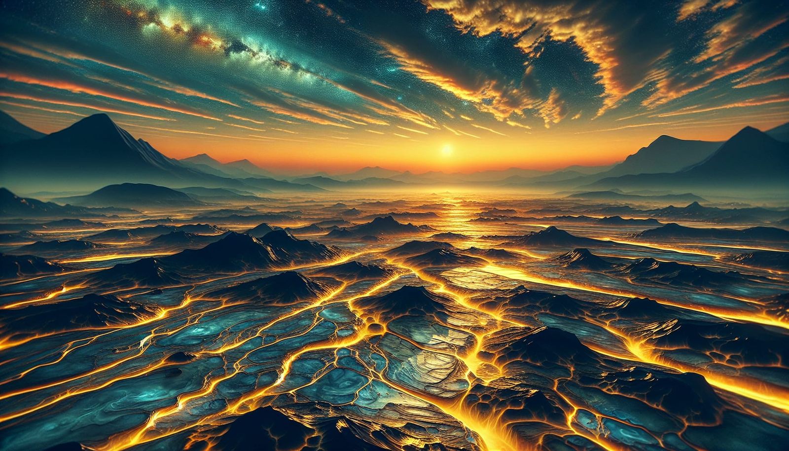 Venusian Dawn: Volcanic Mountains Under Orange Sky