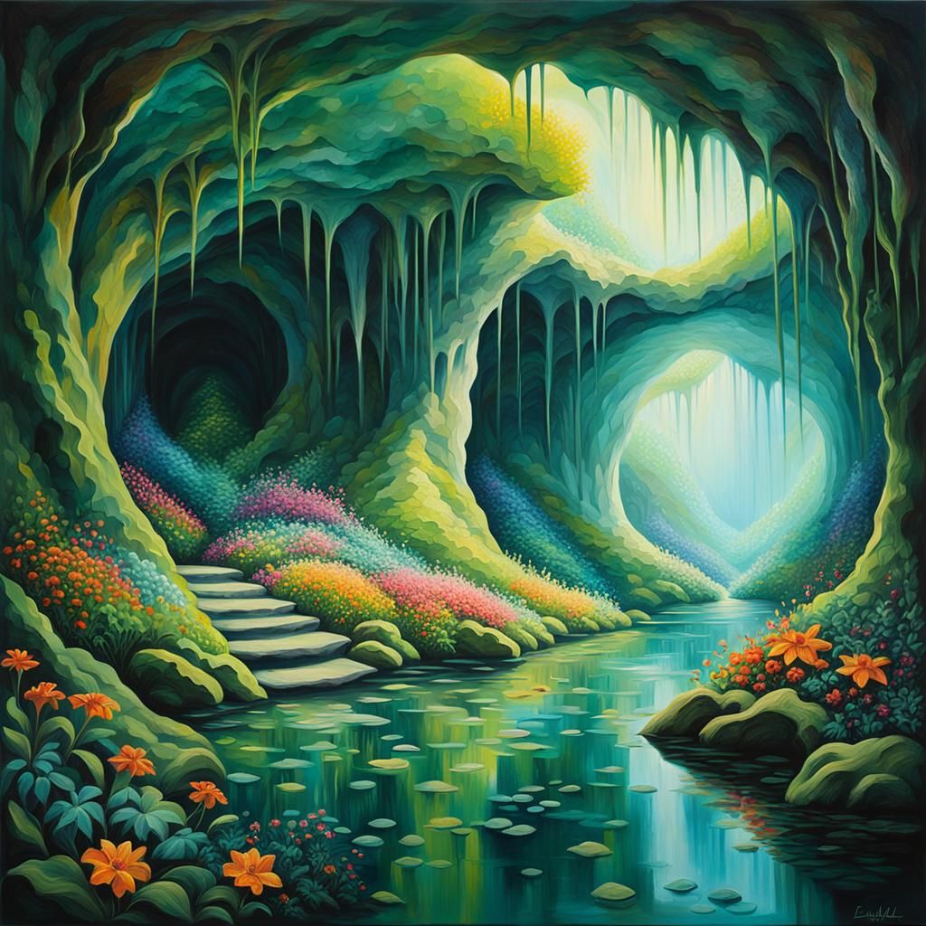 Luminous Underground Forest in Surreal Oil Painting