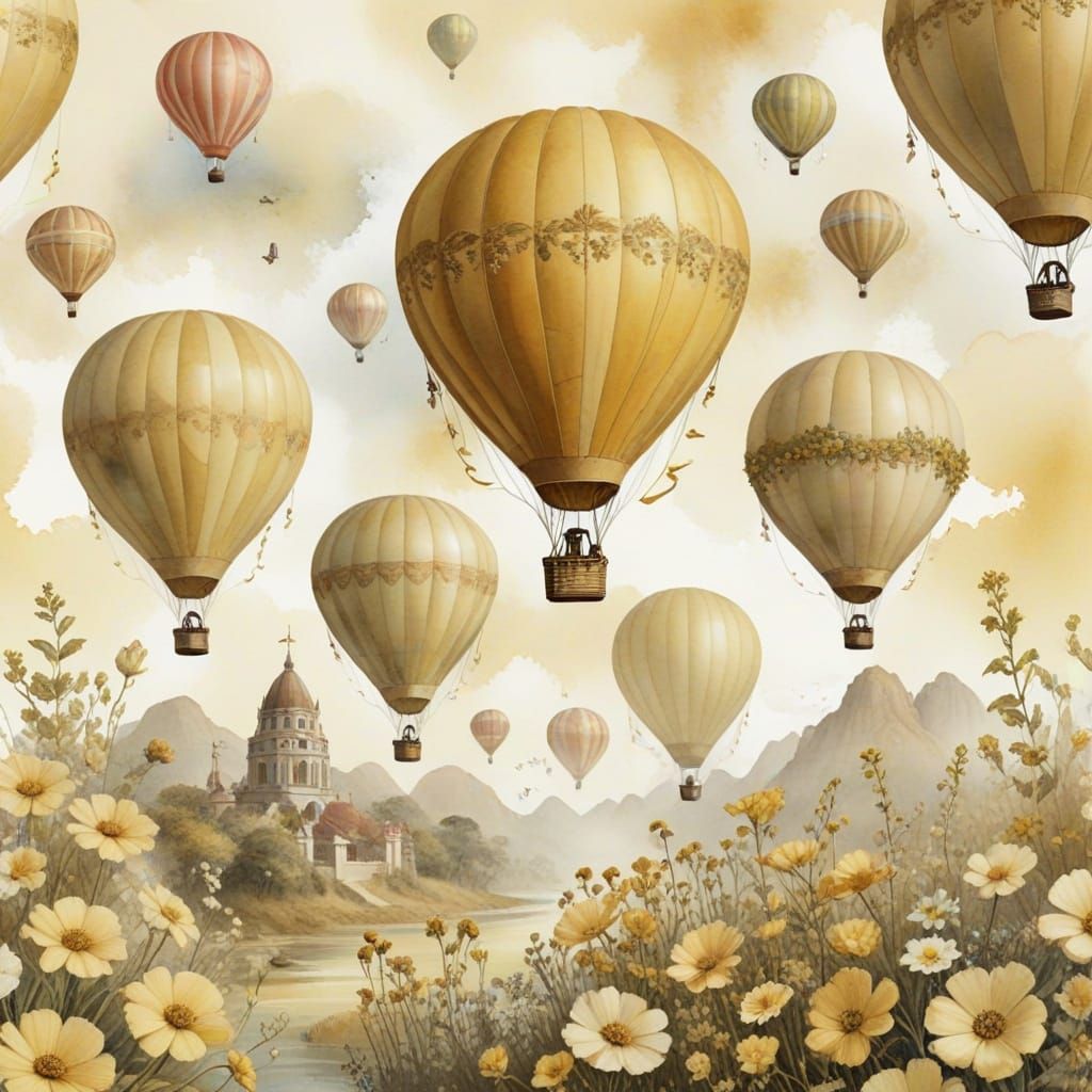 Hot Air Balloons Over Belize in Victorian Watercolor Style