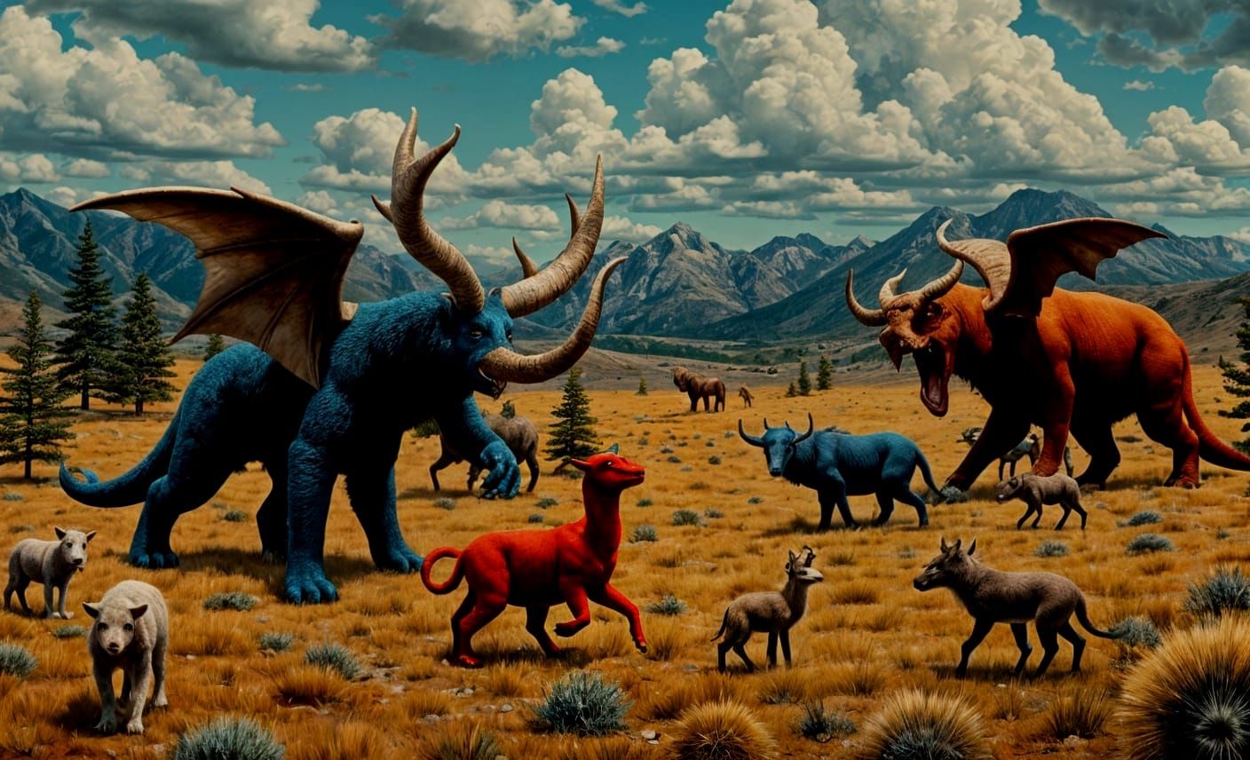 Fantastic Beasts Wander Vivid, Surreal Landscape