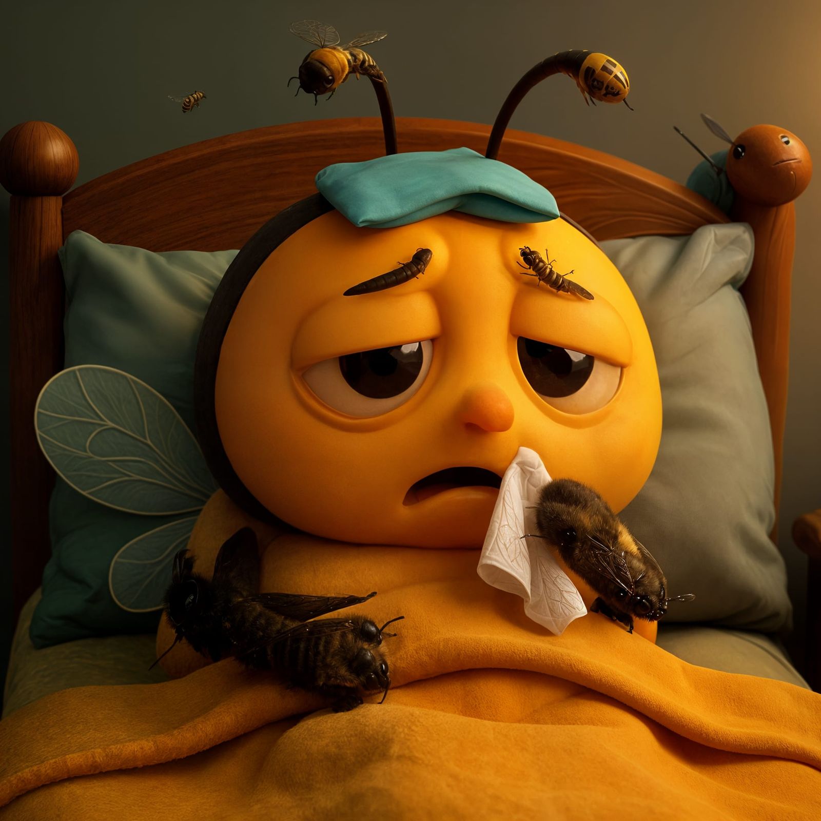 Cute Bee Resting in Bed, 3D Digital Cartoon Style