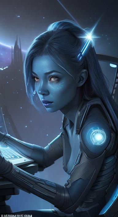 Blue-Skinned Woman on Starship Bridge in Space