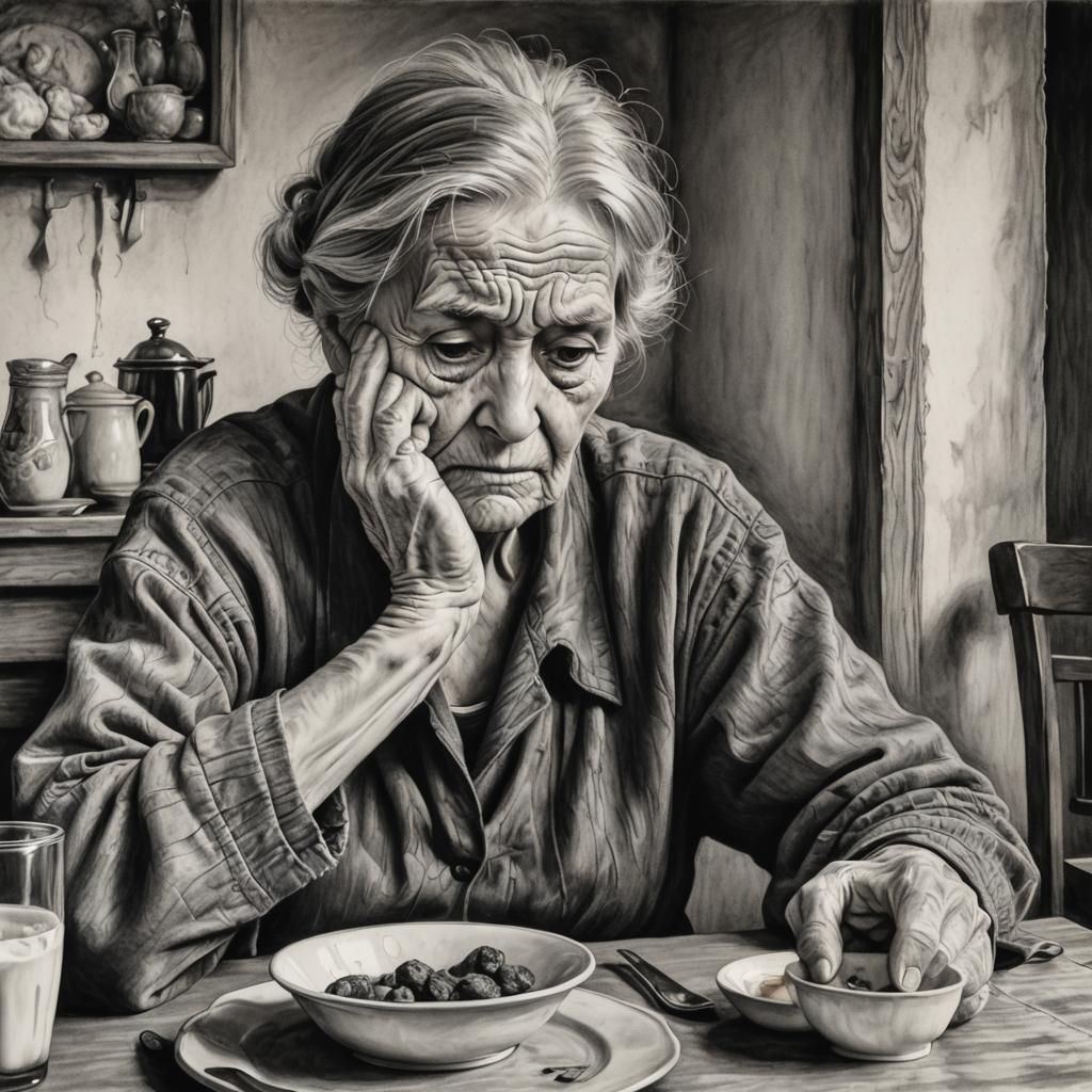 Sad Old Woman: Detailed Charcoal Drawing