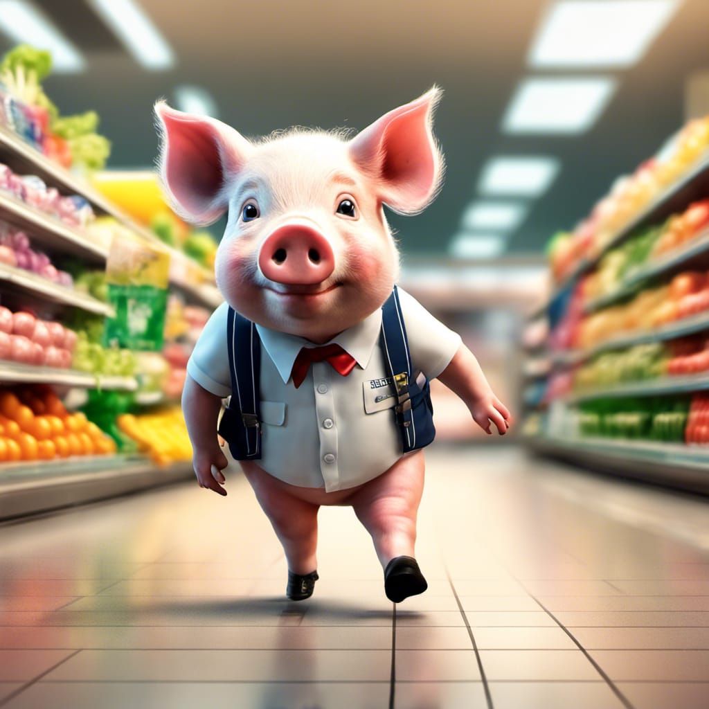 Cute Piglet Visits Supermarket: Realistic Matte Painting