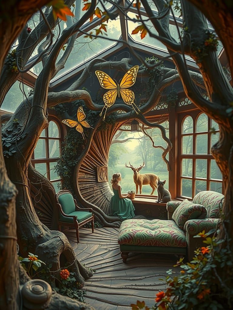 A surreal scene of two mystical fairy children sitting beside a large picture window, looking outside, their backs to th...