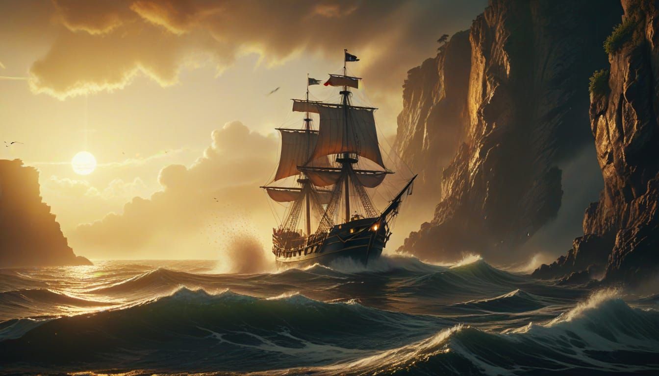 Pirate Ship Emerging from Mist: An Oil Painting