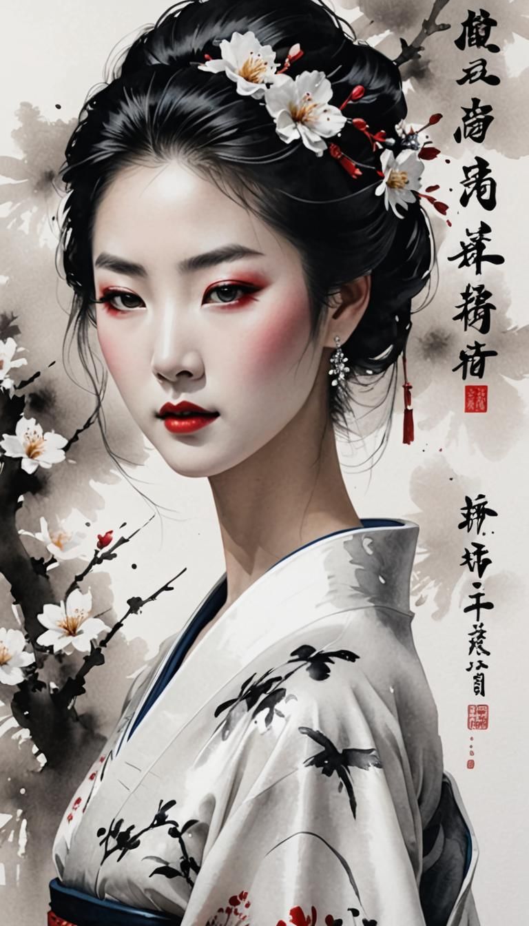 Minimalist Chinese Ink Painting of a Geisha Portrait