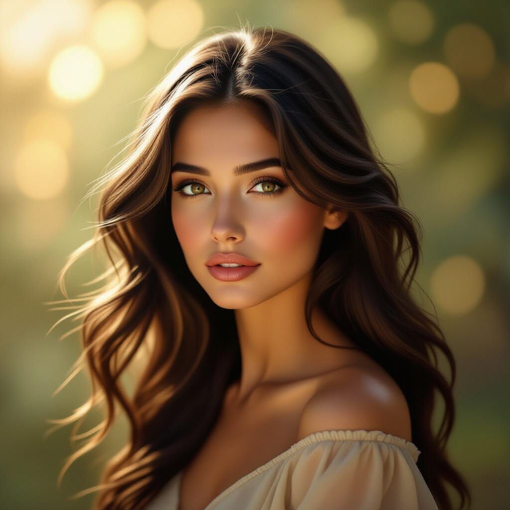 Serene Brunette Woman in Classical Oil Painting Style
