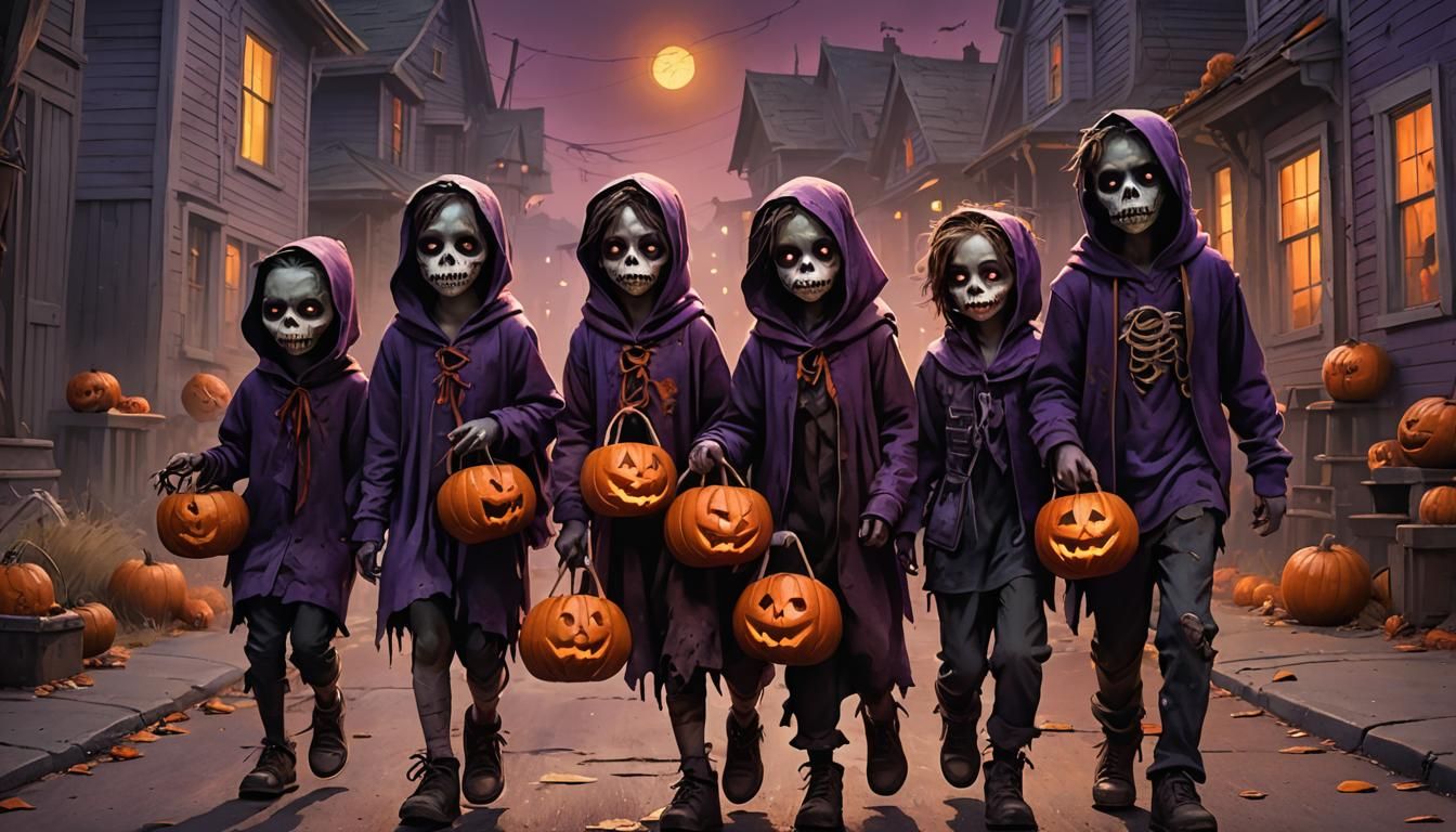 Zombie Trick-or-Treaters in Burtonesque Digital Painting