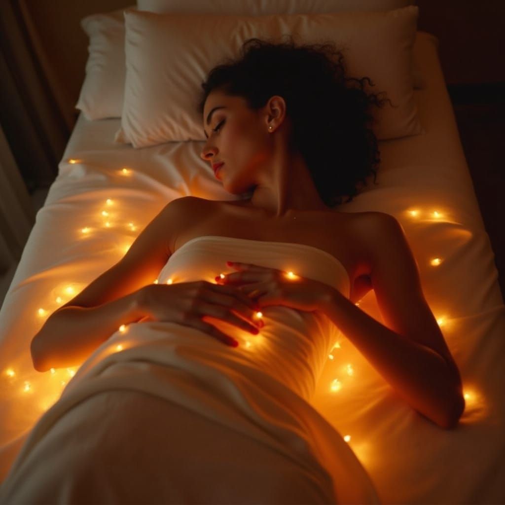 WOMAN LYING FACE DOWN ON TANNING BED GLOWING BED BACK VEIW O...