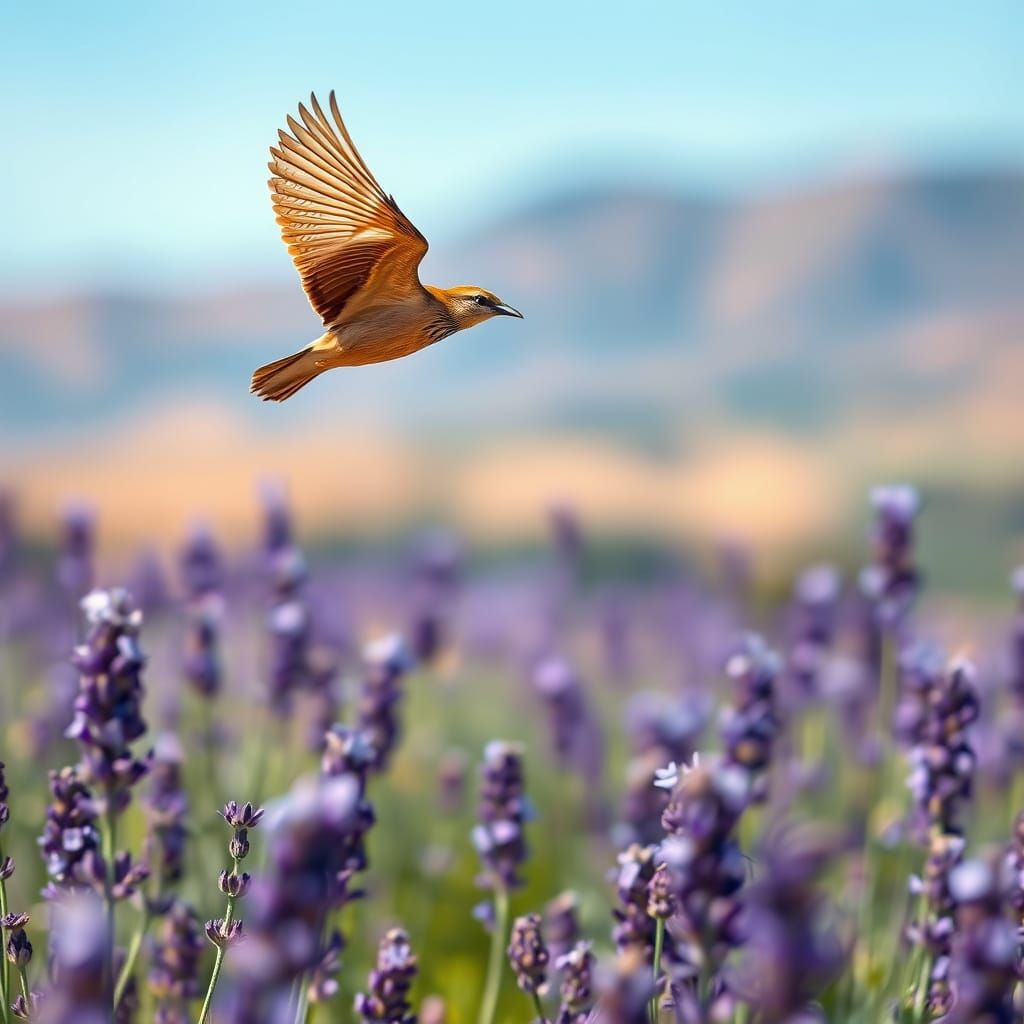 Crested Lark Soaring Over Lavender Field: Photorealistic
