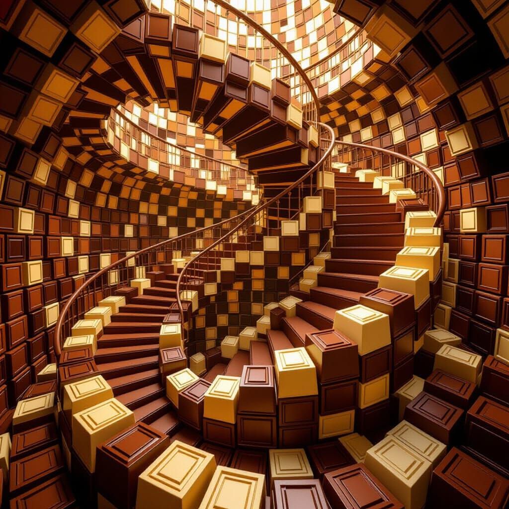 Chocolate Spiral Staircase in Escher-Inspired Digital Art