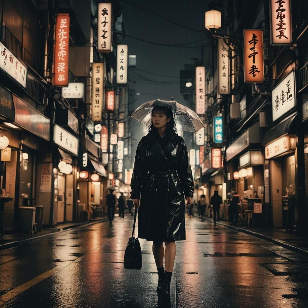Pretty Asian Woman Walks Empty Tokyo Street at Night