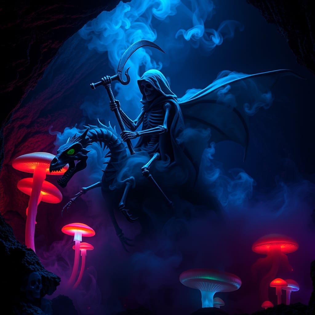 Grim Reaper Rides Dragon in Glowing Cavern