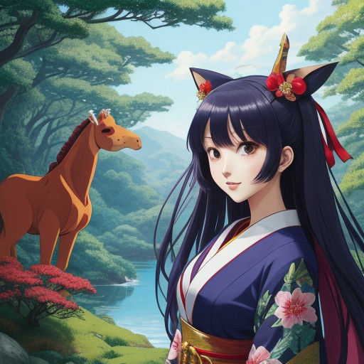 Whimsical Anime Giraffe Scene in Pastel Hues