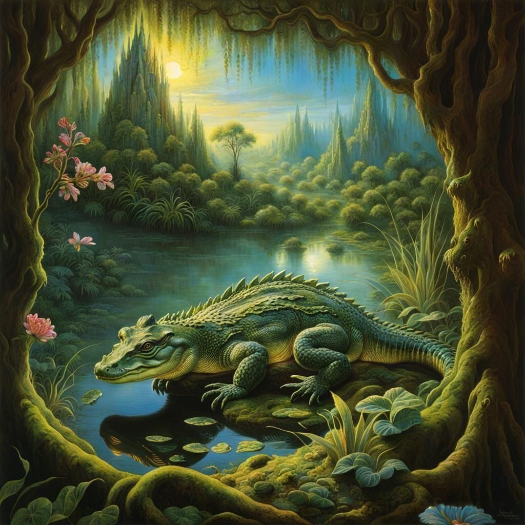 Crocodile in Swamp at Magical Sunrise: Storybook Illustratio...