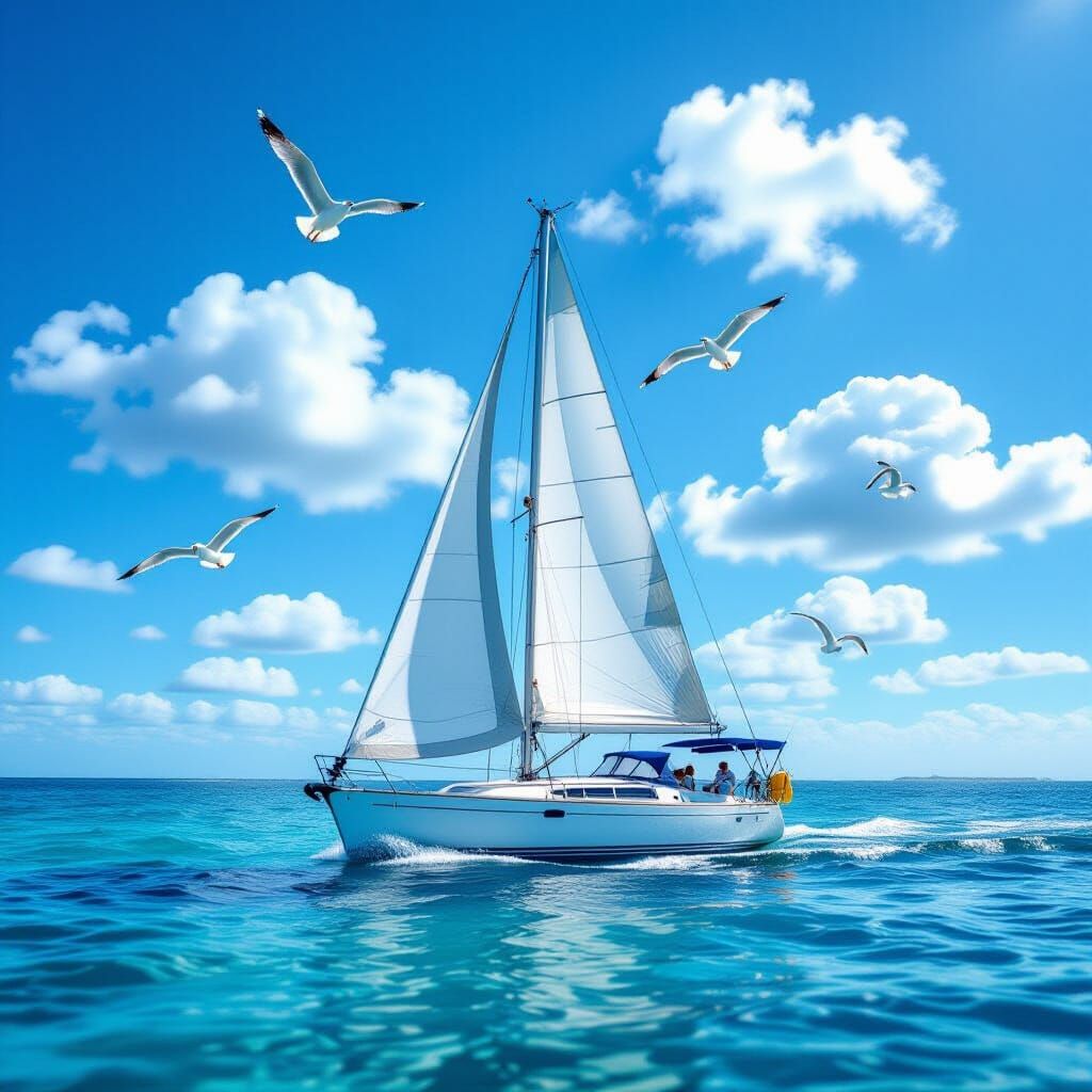 Sailboat Glides on Turquoise Ocean Under Blue Sky