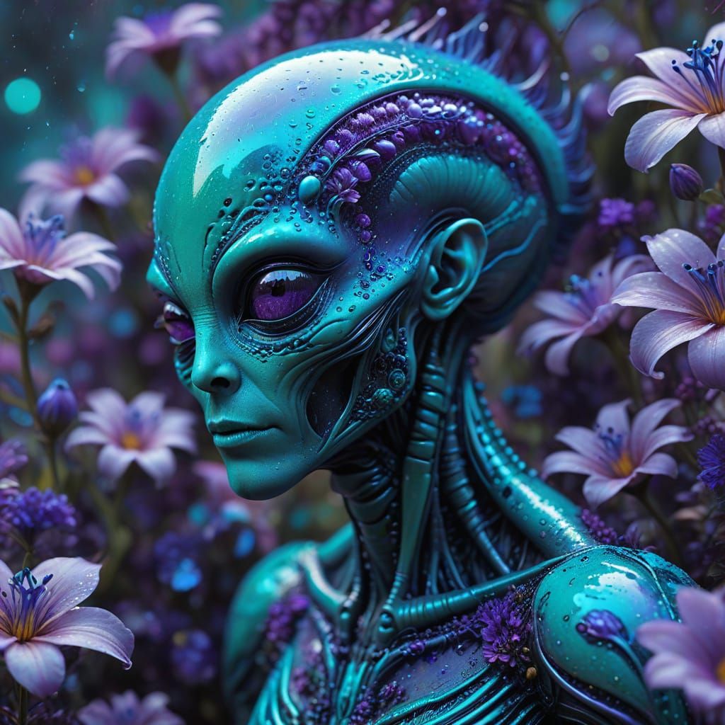 Surreal Alien Surrounded by Iridescent Flowers