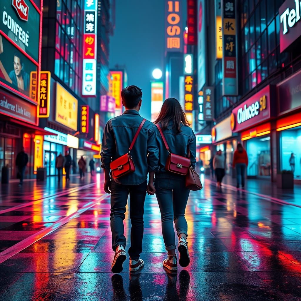 Couple in Matching Outfits in Neon Cityscape